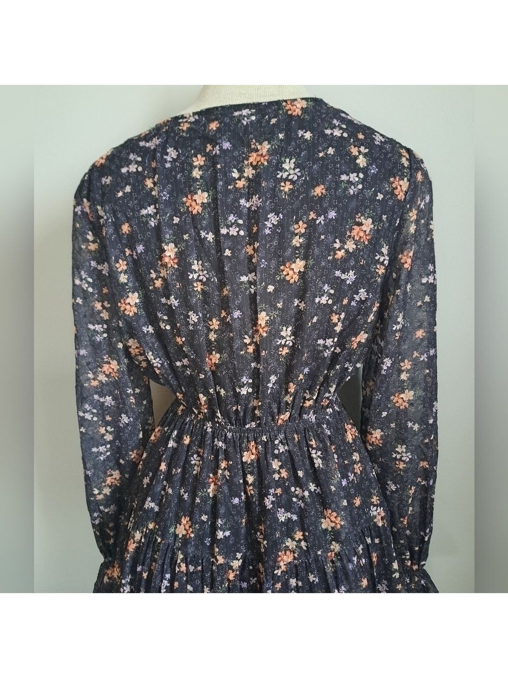 Tiny floral tiered MAXI  dress long sleeves ruffle cuff button up Shabby Aakaa S - Picture 9 of 12
